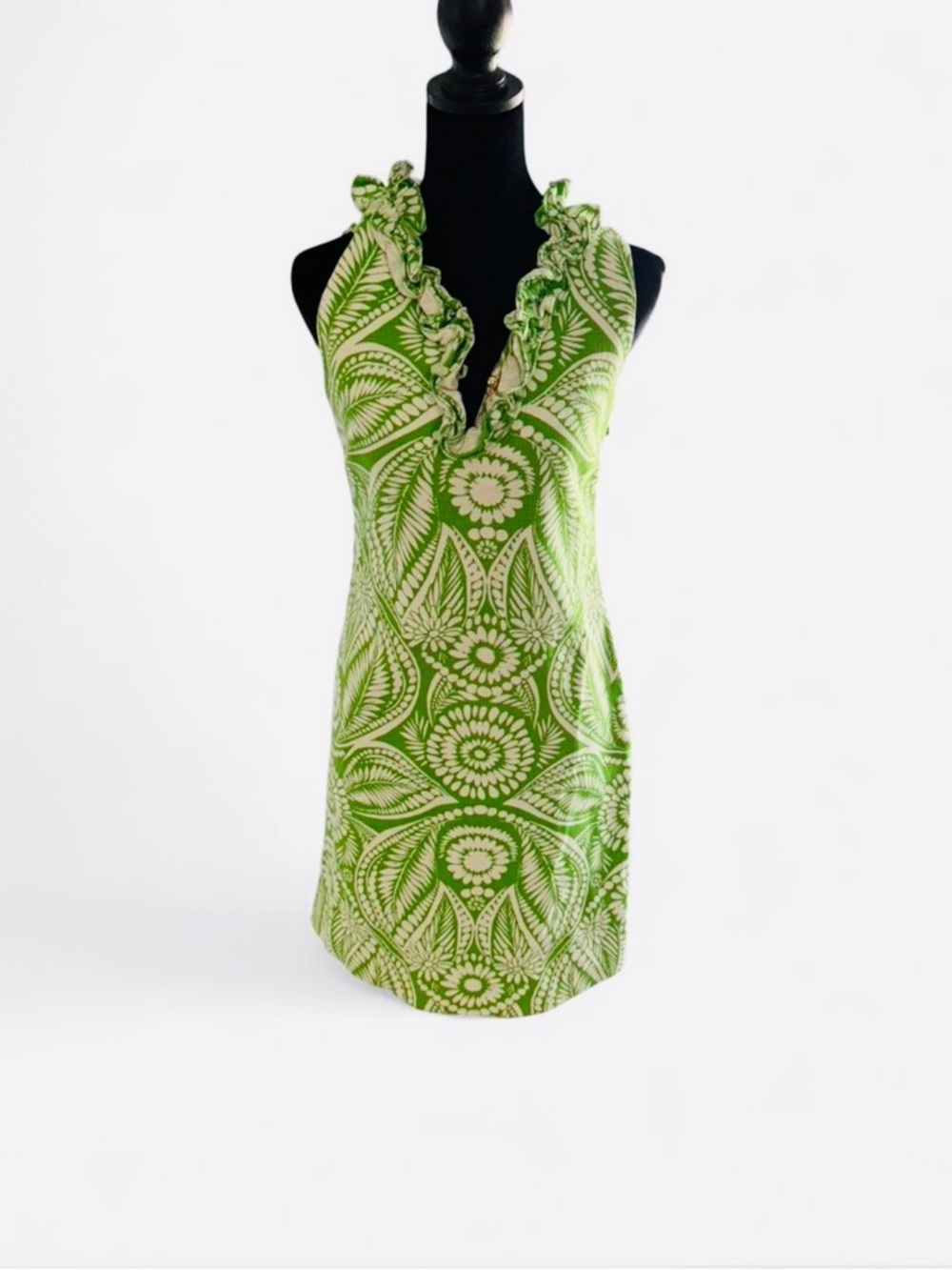 Kate Spade Green White Floral Textured Shift Dress Ruffle Neck XS - Picture 2 of 5